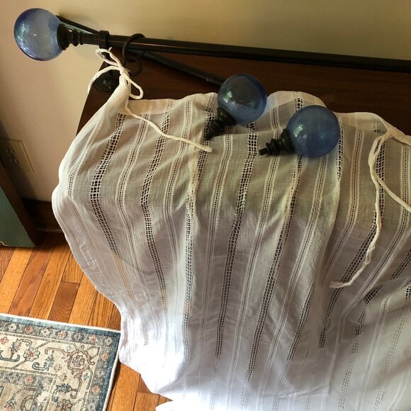 2 Sets - Pottery Barn White Cotton Curtains, Rod Iron Rods, Rings & Blue Glass F - Picture 3 of 8